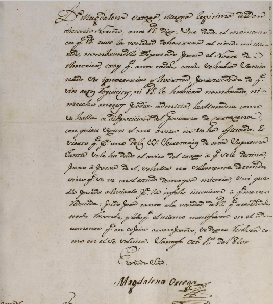 Carta de Magdalena Ortega, esposa de Antonio Nariño